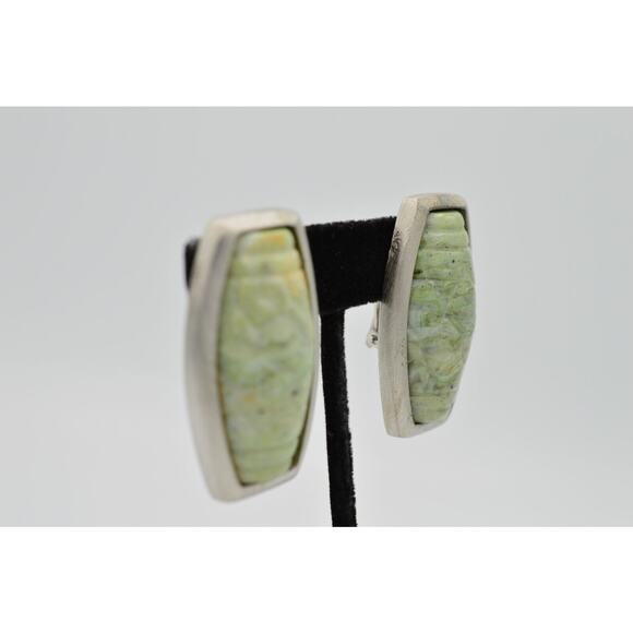 Vintage Earrings Brushed Silver Faux Green Stone Cabochon Statement 1980s 9G - Picture 6 of 12